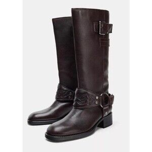 ZARA Brown Leather Embroidered Moto Biker Boots Strap Spur Buckle EUR 41 US 10